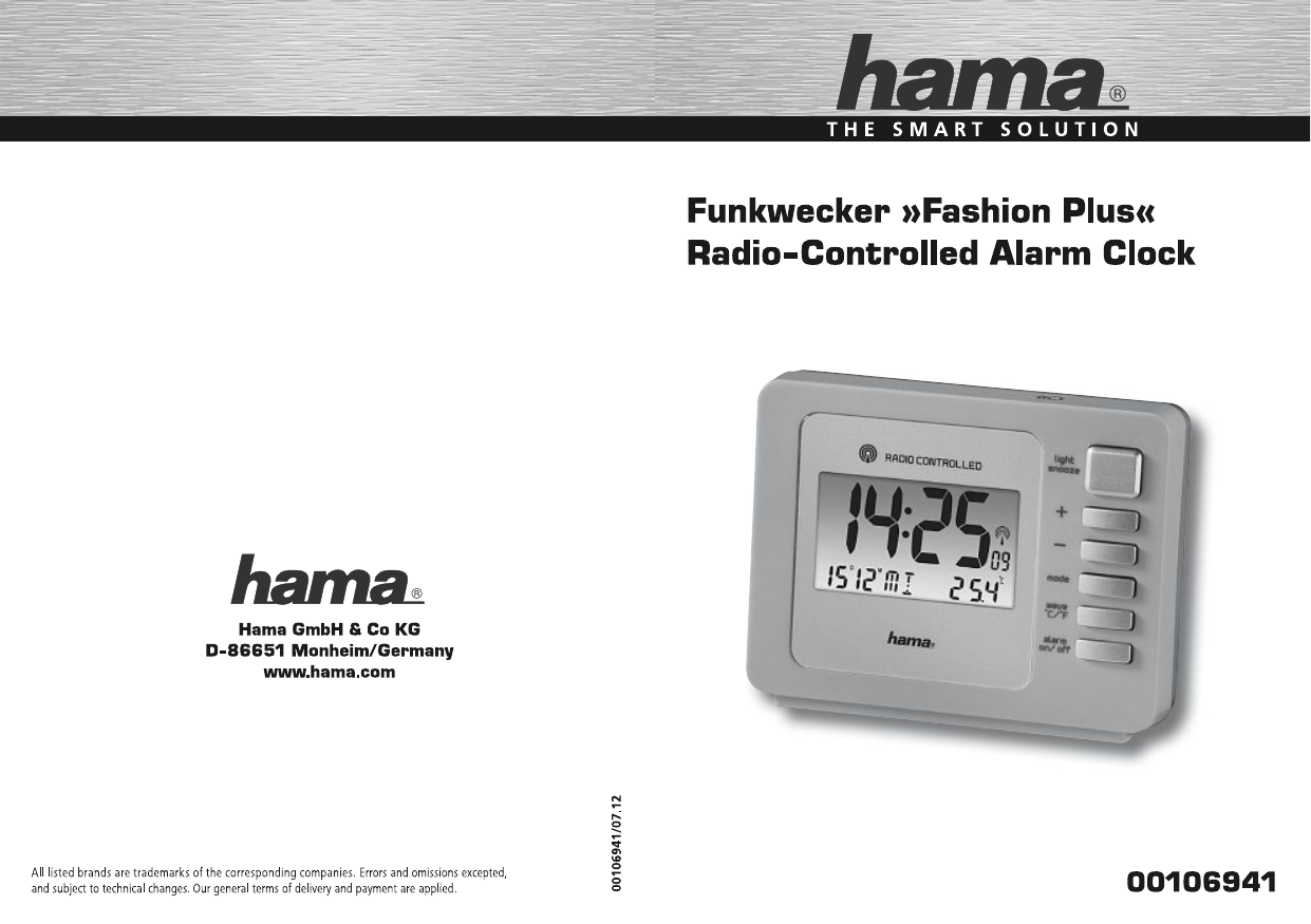 Hama 00106941 "Fashion Plus" RadioControlled Alarm Clock Bedienungsanleitung Manualzz