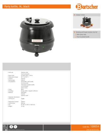 Bartscher 100054 Party kettle, 9L, black Data sheet | Manualzz