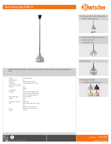 Bartscher 114278 Heat lamp IWL250D SI Data sheet | Manualzz