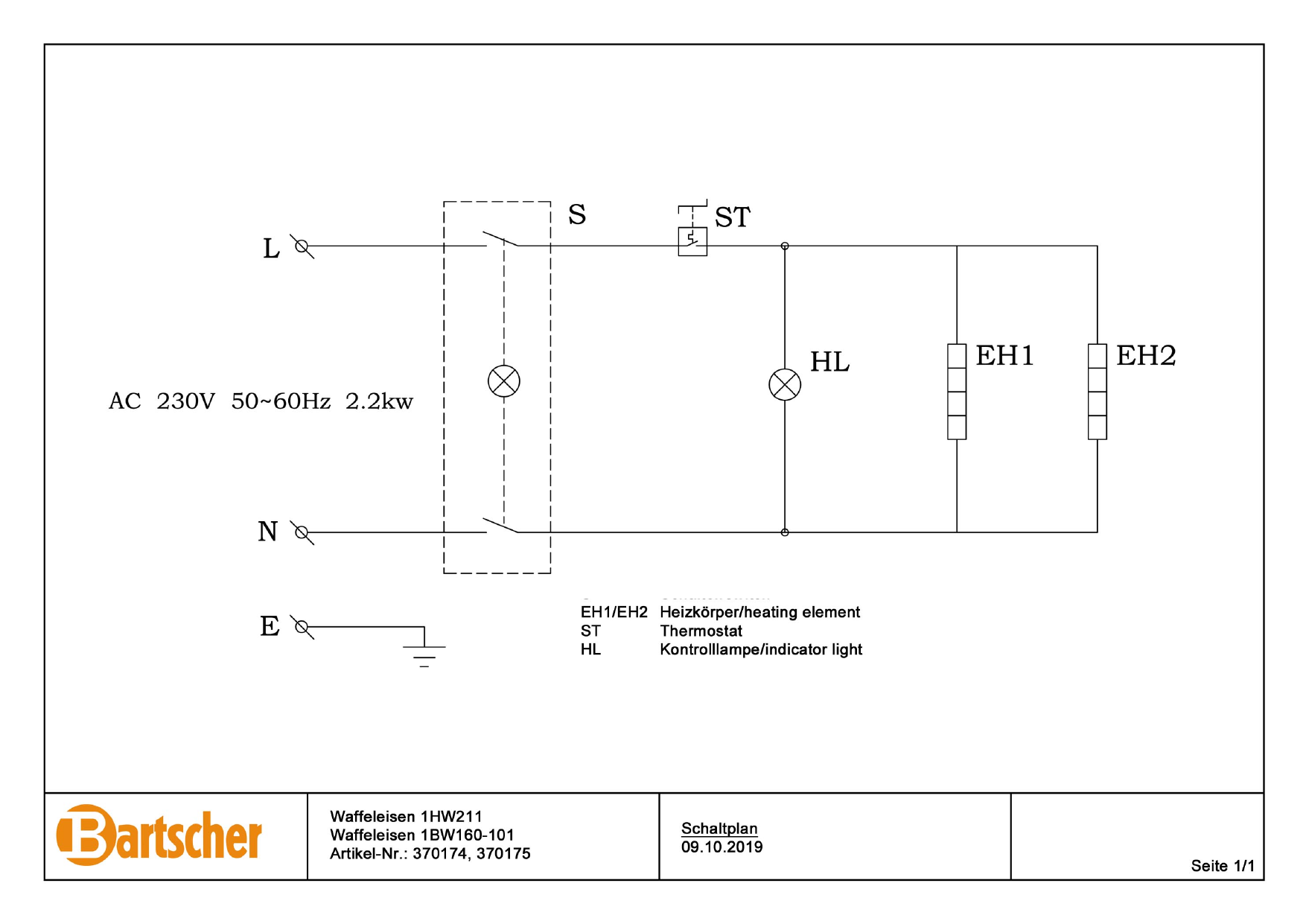 Bartscher 370175 Waffle maker 1BW160101 Wiring Diagram Manualzz
