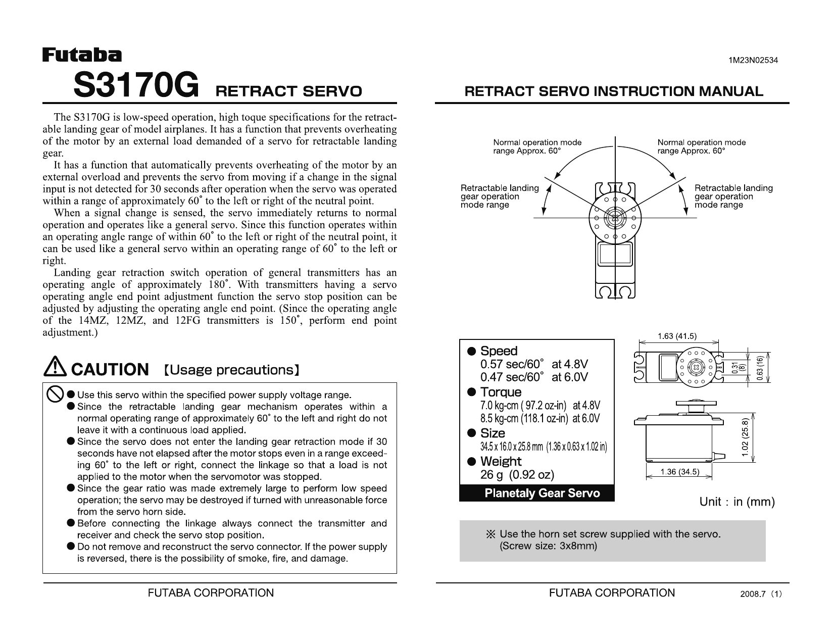 Futaba Servo S3170g Specs