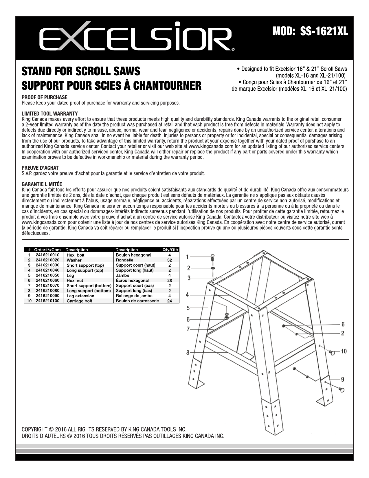 King Canada SS-1621XL STAND FOR 16'' & 21'' PROFESSIONAL SCROLL SAWS
