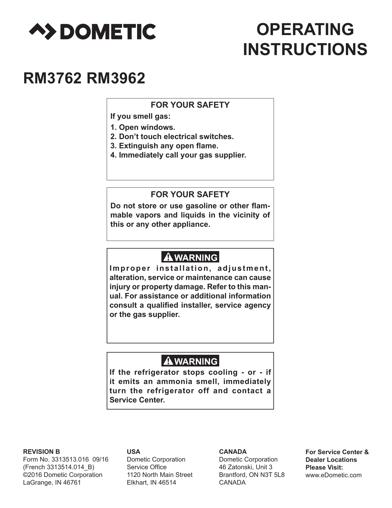 Dometic RM3762 RM3962 Refrigerator Operating manual Manualzz