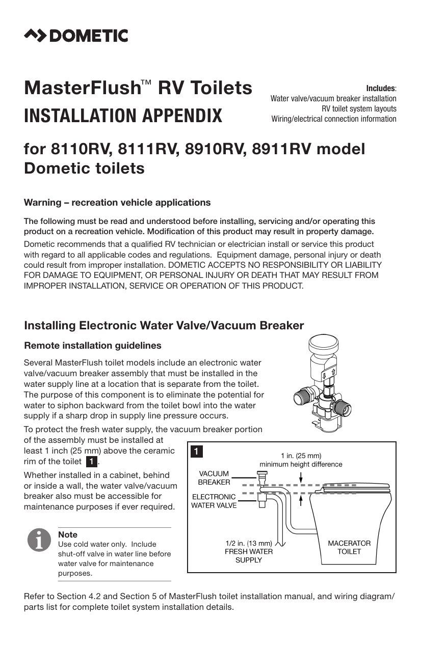 Dometic Masterflush 8110rv 8111rv 8910rv 8911rv Toilets Masterflush Rv Toilet Installation Manual Manualzz