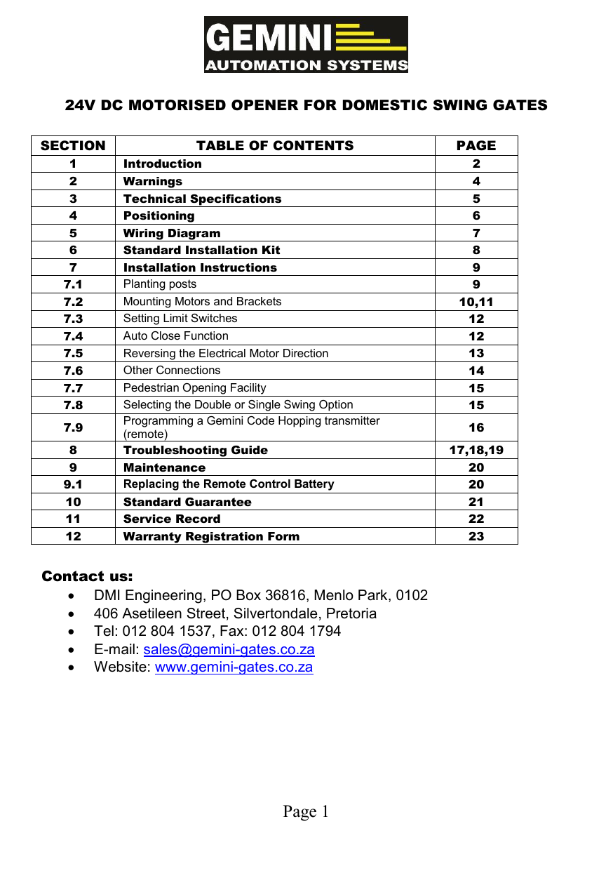 Gemini Dc Swing Owner Manual Manualzz