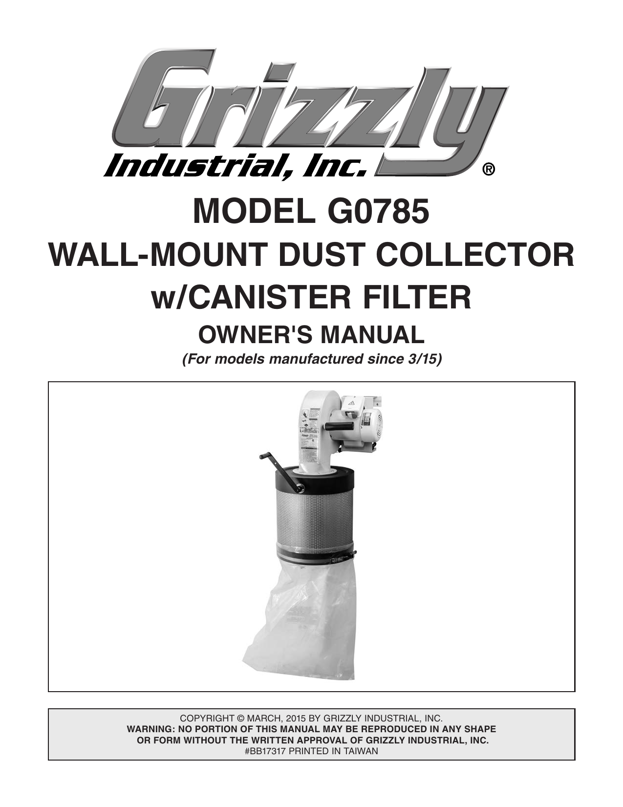 Grizzly G0785 HP WallMount Dust Collector Owner Manual