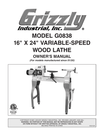 Grizzly G0838 Variable-Speed Wood Lathe Owner's Manual | Manualzz