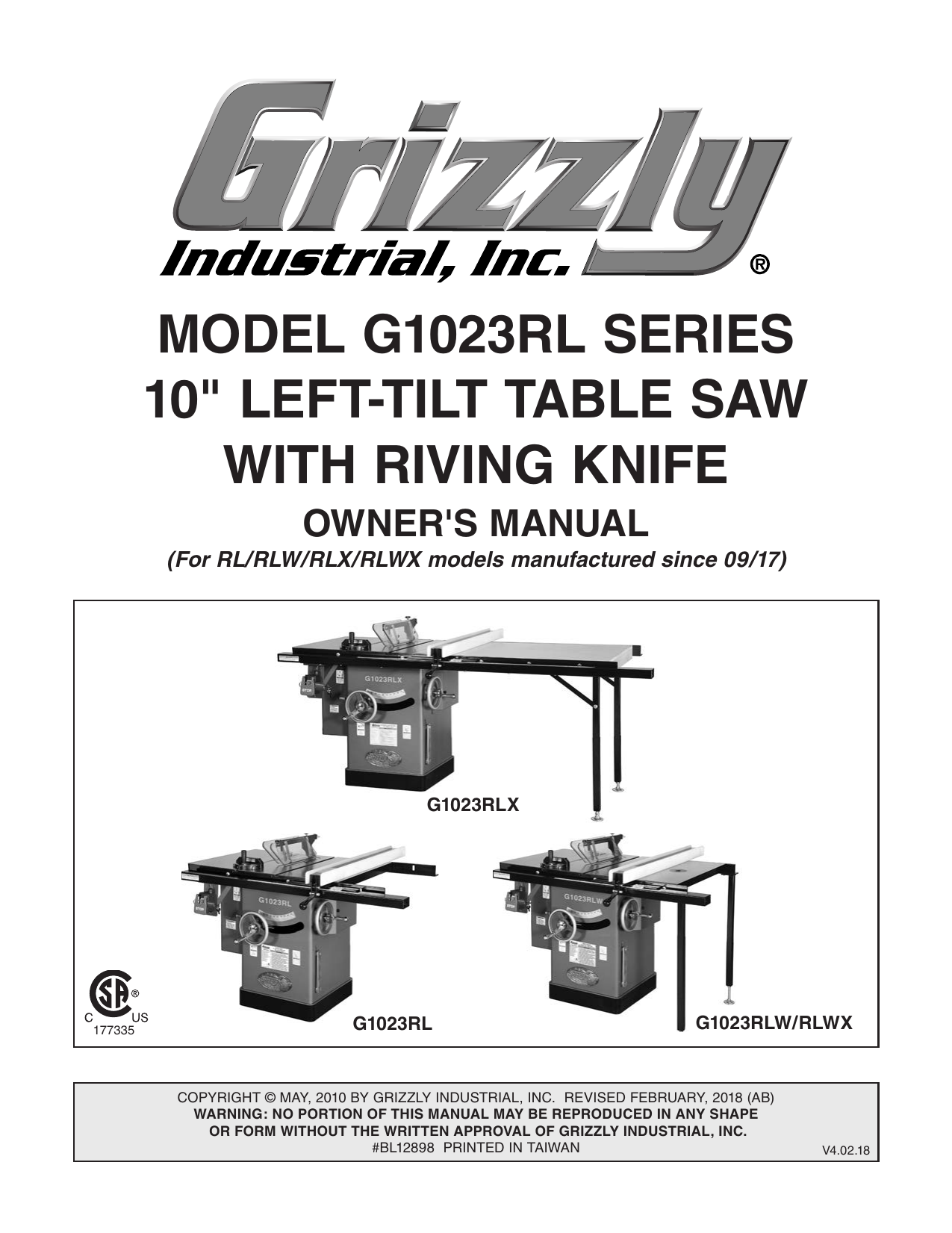 Grizzly G1023RL 3 HP 240V Table Saw Owner Manual Manualzz