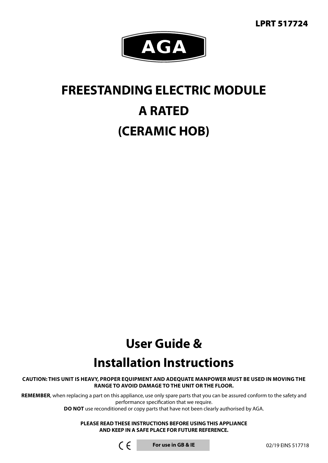 AGA FREESTANDING ELECTRIC MODULE CERAMIC HOB Owner's manual Manualzz