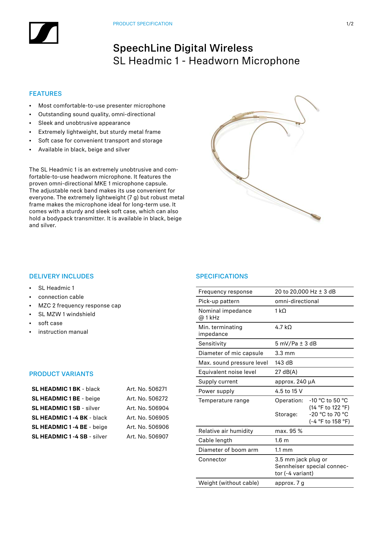Sennheiser SL Headmic SET Spec Sheet 