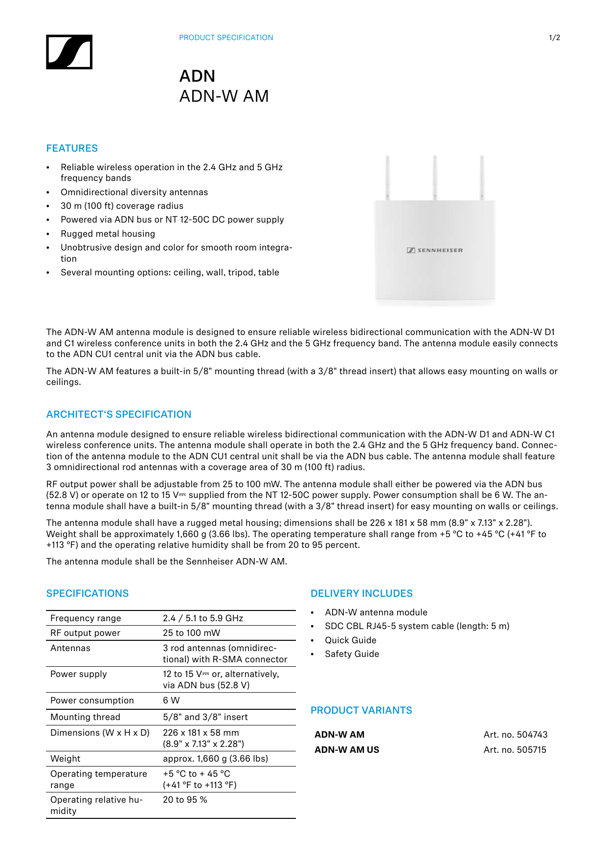 Sennheiser Adn W Am Specification Manualzz