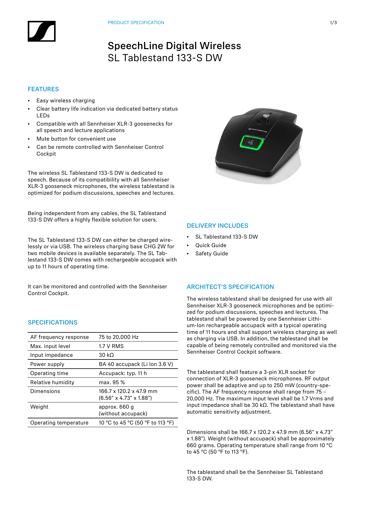 Sennheiser Sl Tablestand 133 S Dw Specification Manualzz