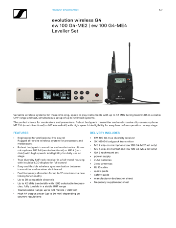 Sennheiser EW 100 G4-ME2 Spec Sheet 