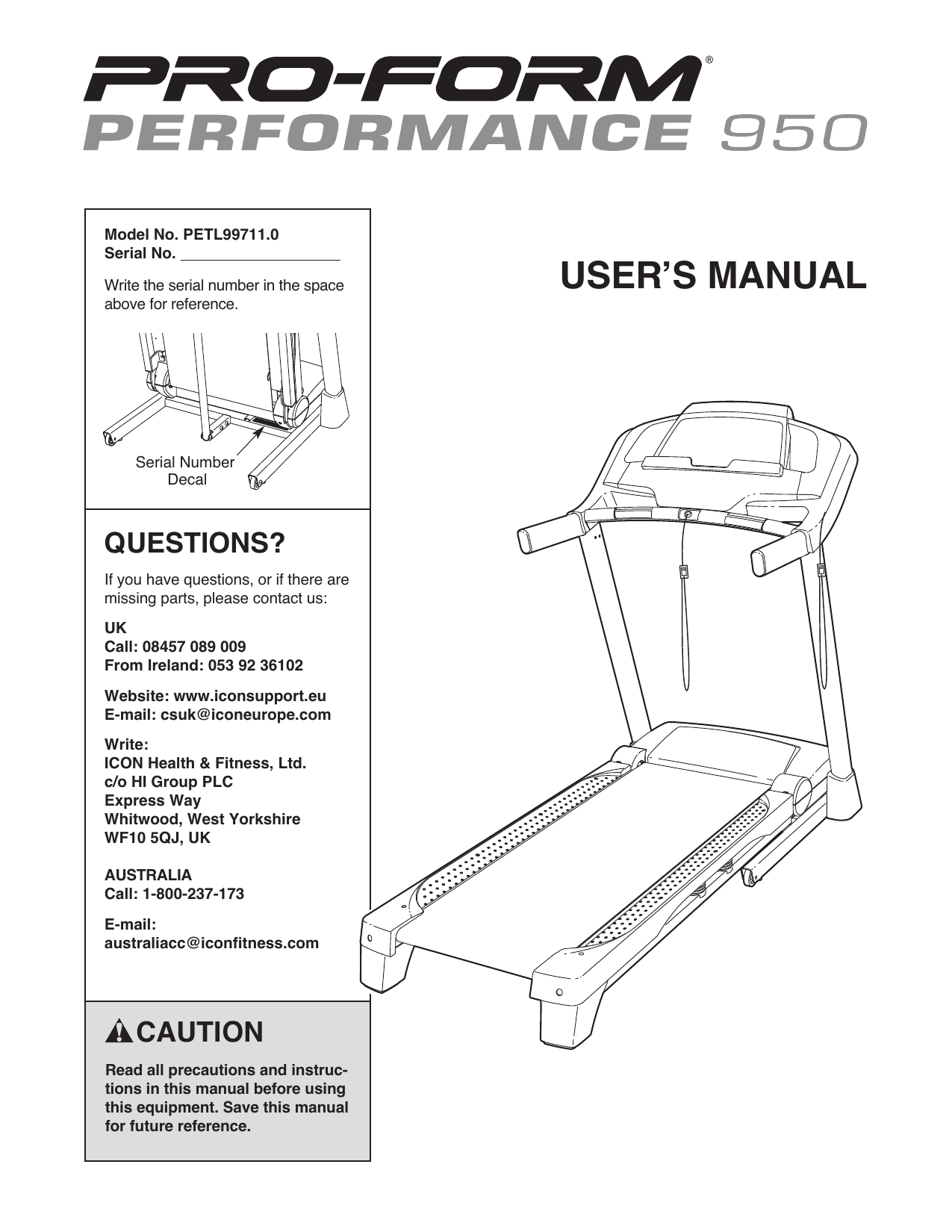 Proform PETL99711 PERFORMANCE 950 TREADMILL Owner Manual Manualzz