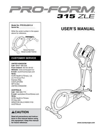 Proform Pfevel913 315 Zle Elliptical Owner Manual Manualzz