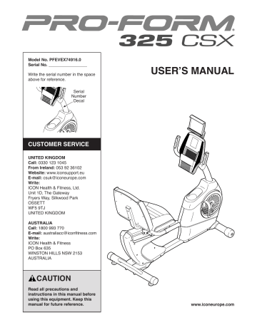 Proform PFEVEX74916 325 CSX BIKE Owner Manual | Manualzz