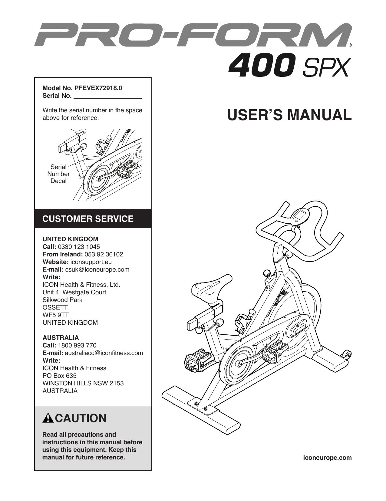 Proform 400 spx 2025 spin bike manual