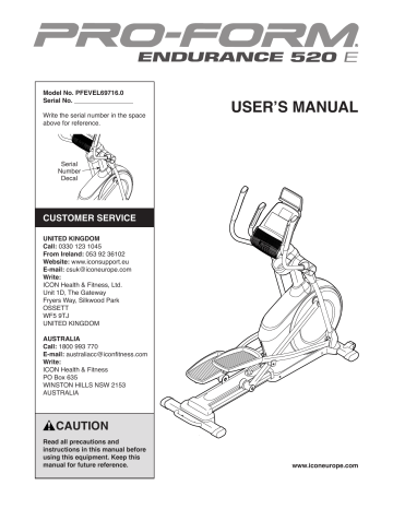 Proform PFEVEL69716 Endurance 520 E ELLIPTICAL User's Manual | Manualzz