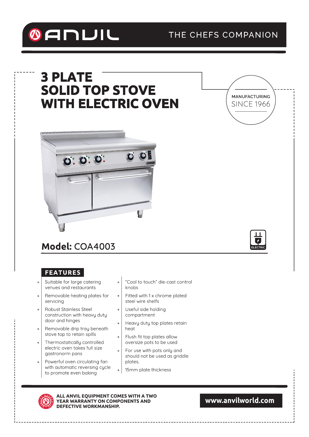 Anvil COA4003 Stove with Oven Specification Sheet Manualzz