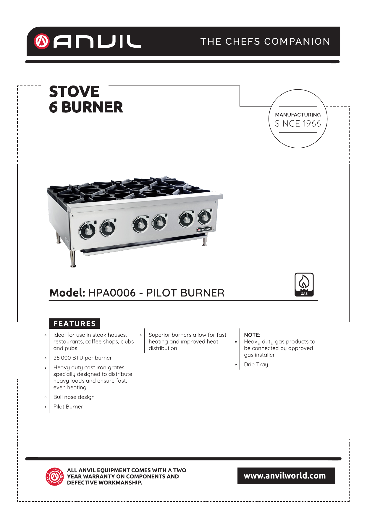 Anvil HPA0006 Stove Specification Sheet Manualzz