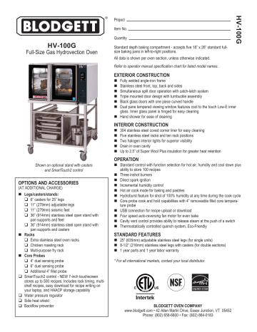 Blodgett HV-100G HYDROVECTION Spec Sheet | Manualzz