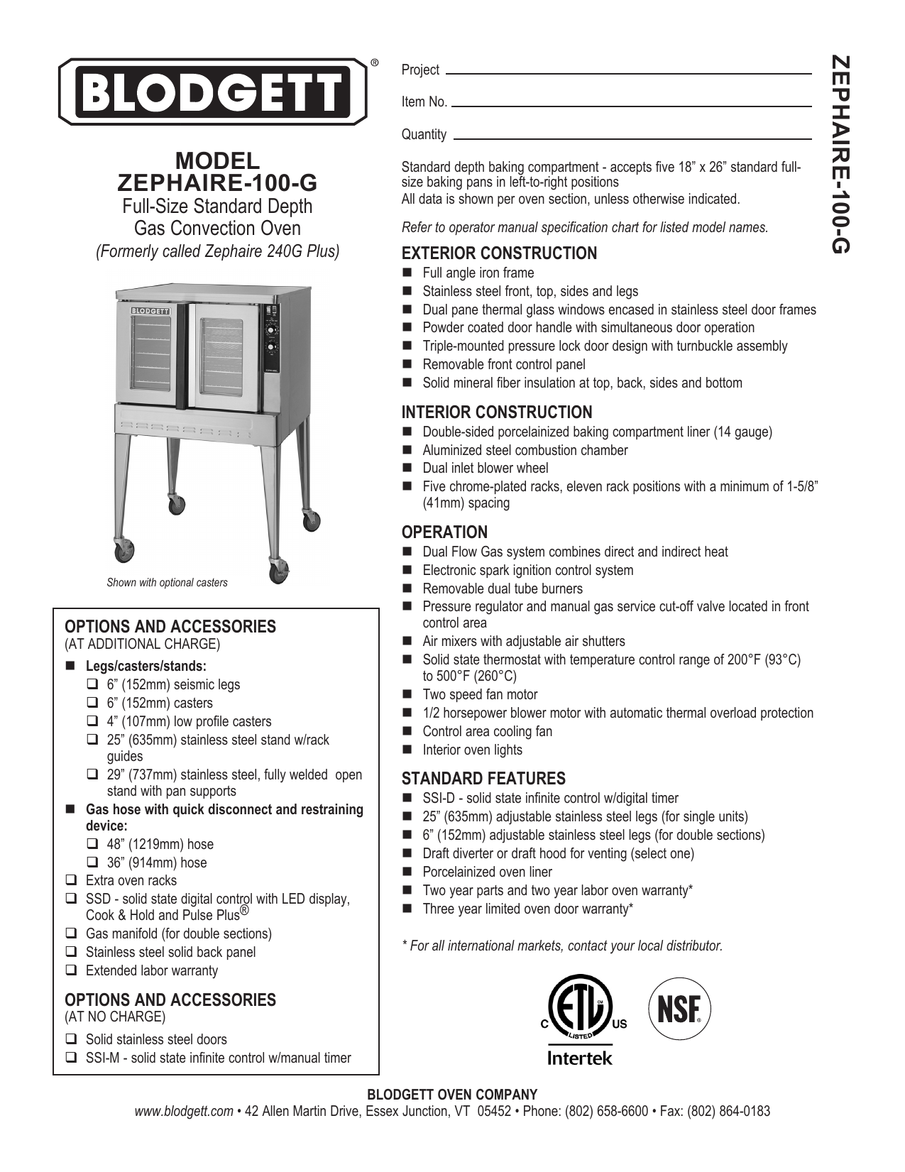 Blodgett Zephaire100G ZEPHAIRE SERY Spec Sheet Manualzz