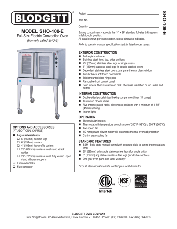 Blodgett SHO-100-E BDO/SHO SERY Spec Sheet | Manualzz