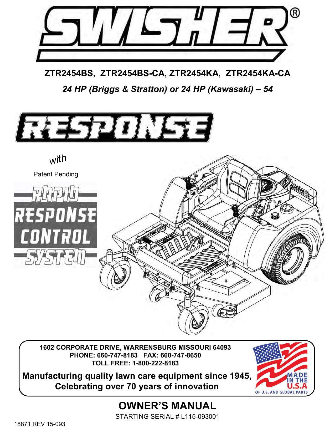 Swisher Ztr2454ka Ca Zero Turn Riding Mower Owner Manual Manualzz