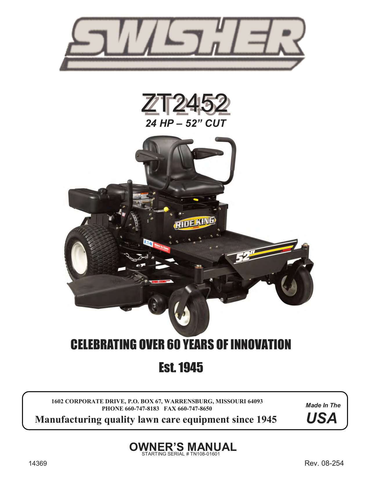 Swisher Zt2452 Zero Turn Riding Mower Owner Manual Manualzz 