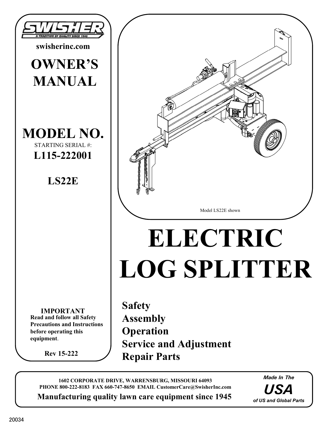 Swisher LS22E Log Splitter Owner Manual Manualzz