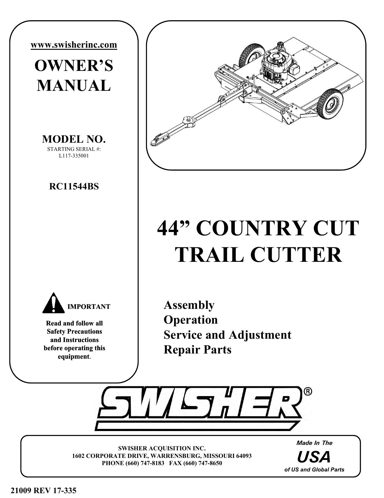 Swisher RC11544BS Rough Cut Trailcutter Owner Manual Manualzz