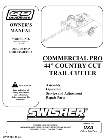 Swisher QBRC14544CP Rough Cut Trailcutter Owner Manual | Manualzz