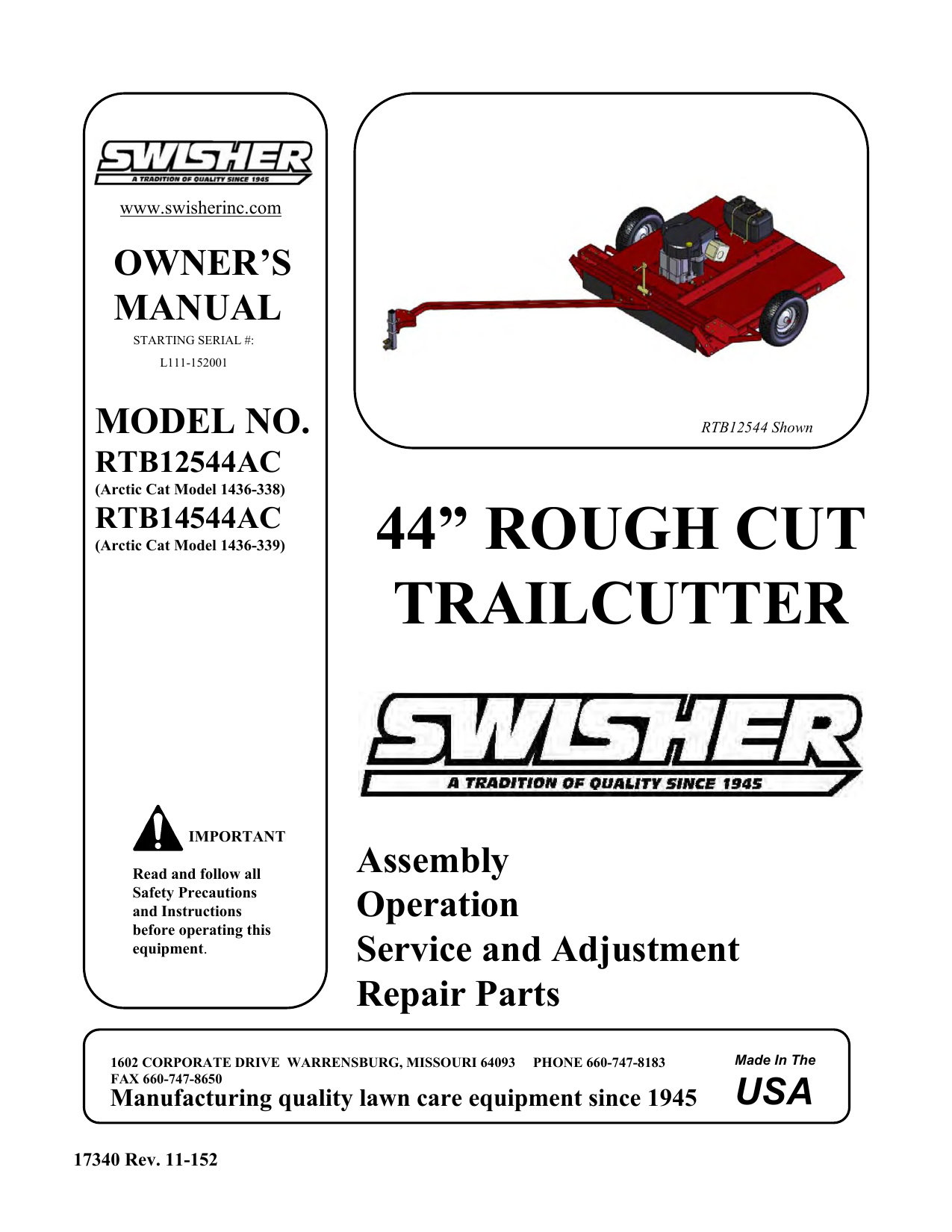 Swisher RTB12544AC 44" Finish Cut Trailmower Owner Manual Manualzz