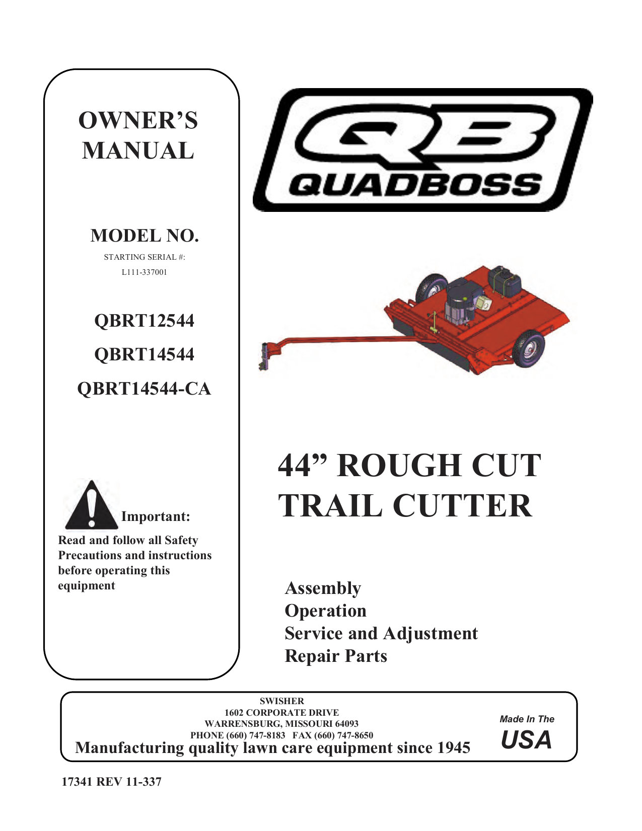 Swisher QBRT12544 44" Finish Cut Trailmower Owner Manual Manualzz