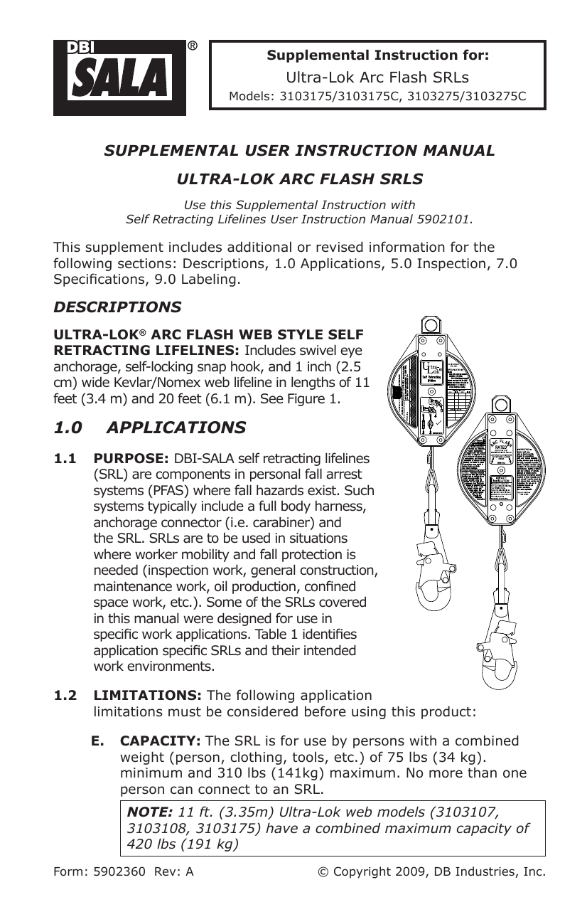 3M DBI-SALA® Ultra-Lok™ Arc Flash Self Retracting Lifeline, Web 3103175, 11  ft. (3.3m), 1 EA Instruction