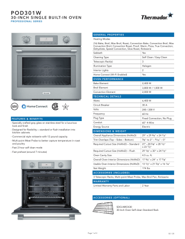 Thermador POD301W 30-Inch Professional Single Built-In Oven Specification Sheet | Manualzz