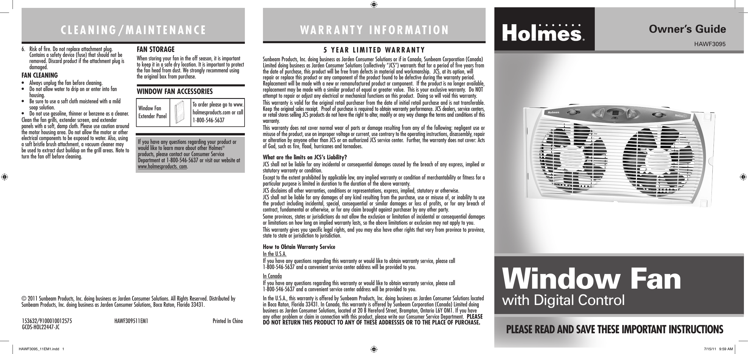 Holmes HAWF3095U Window Fan Owner Manual Manualzz