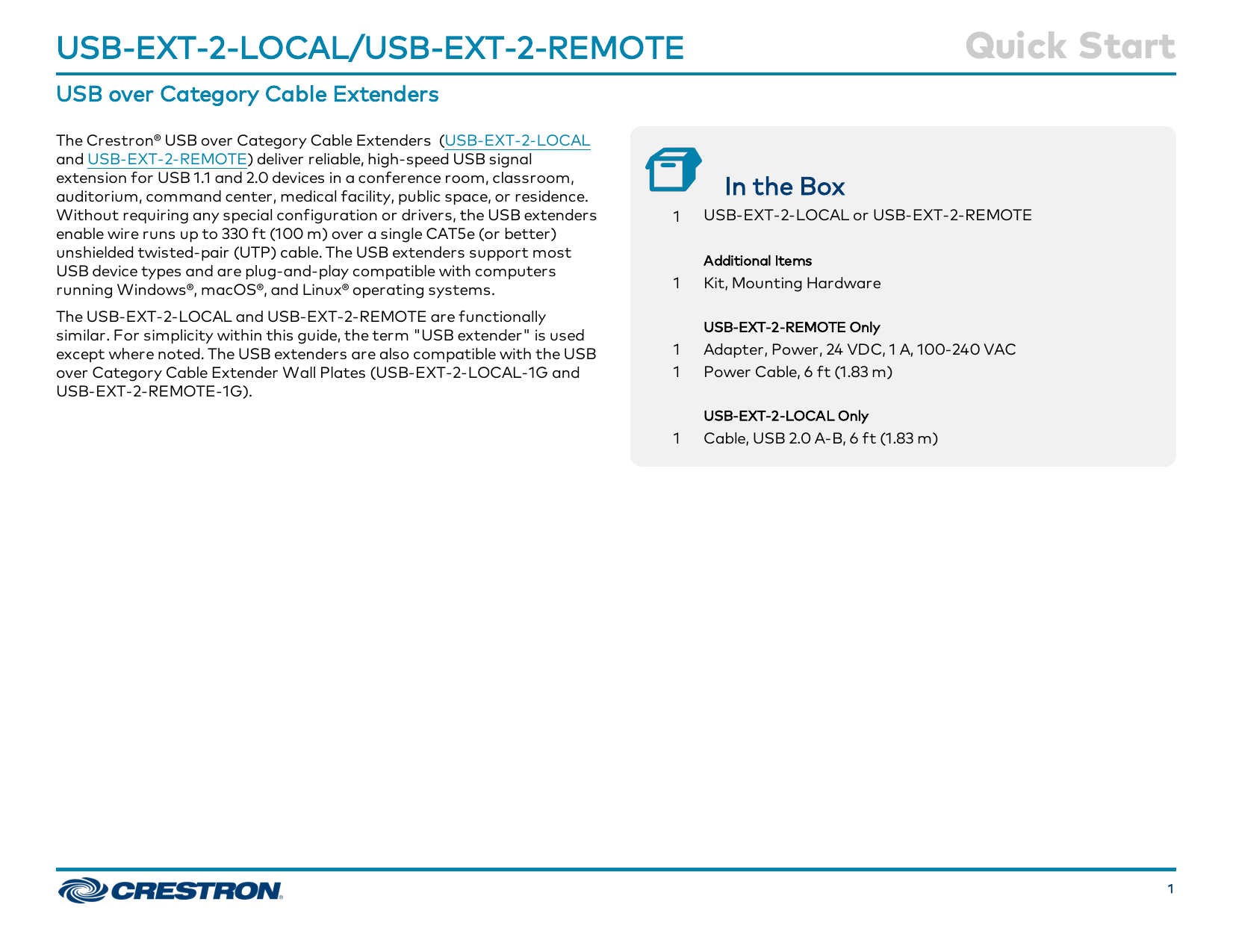 Crestron USB-EXT-2-LOCAL Quick Start | Manualzz