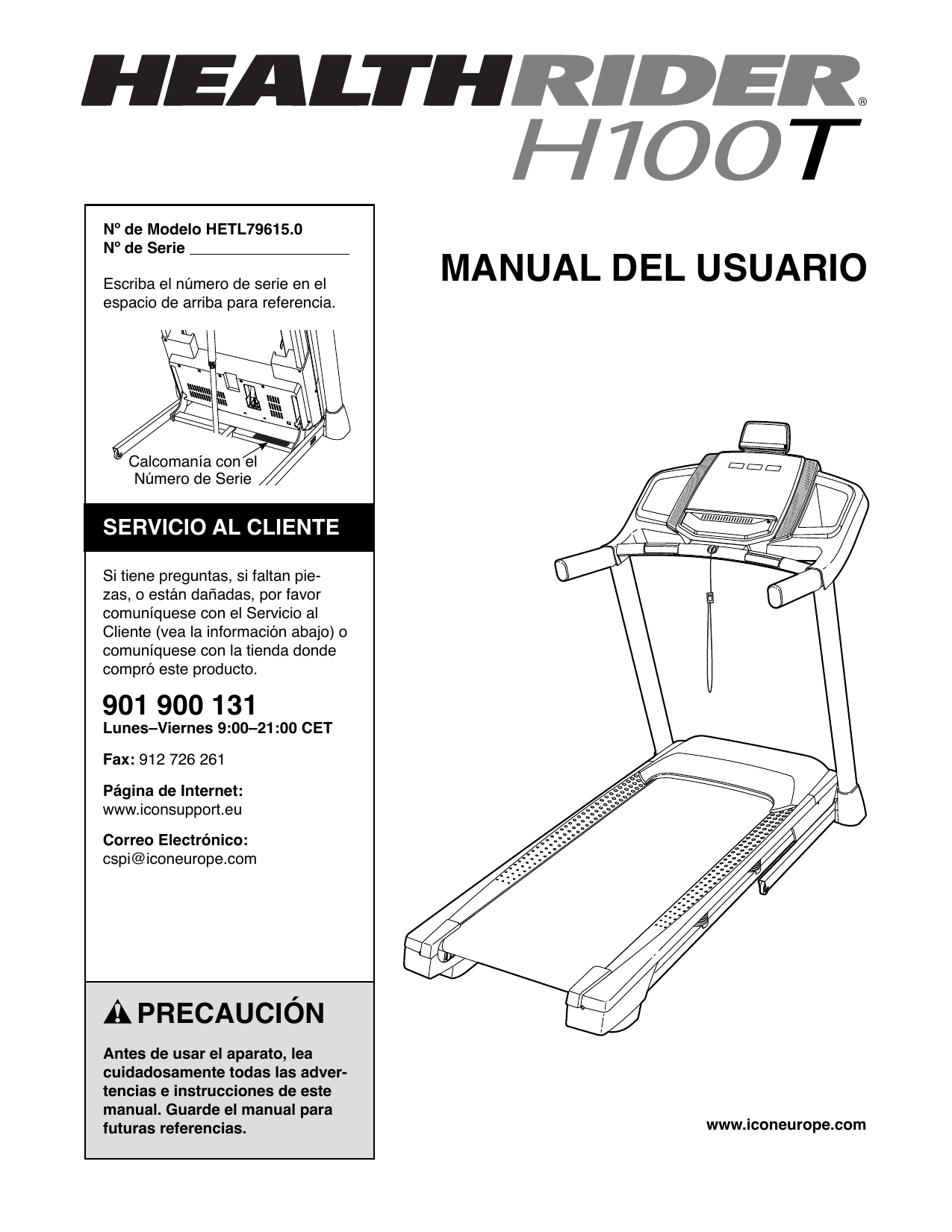 HealthRider HETL79615 H100T TREADMILL Manual de usuario Manualzz