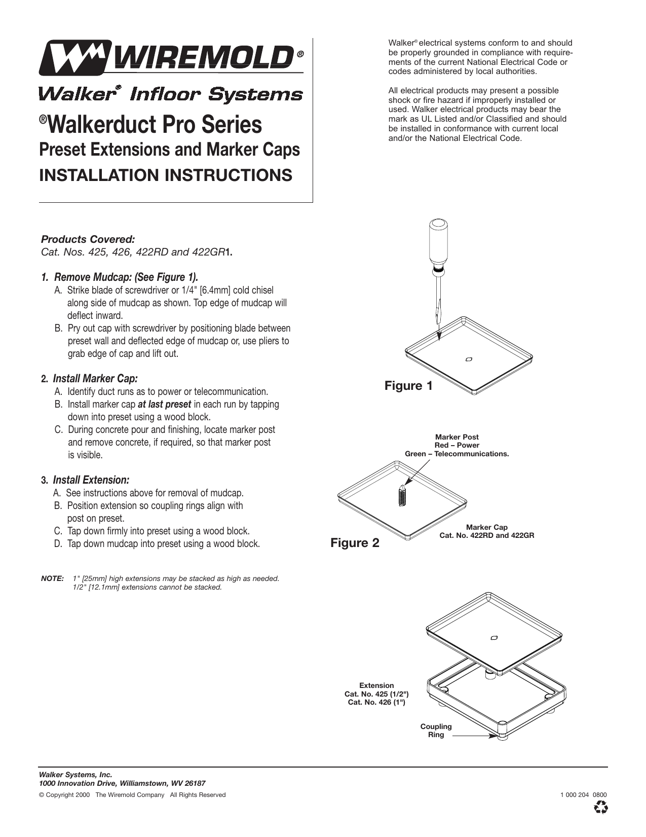 Legrand Walkerduct Pro Series Preset Extensions & Marker Cap - 425, 426 ...