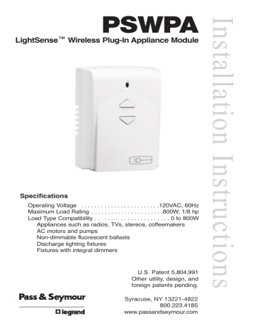 Legrand LightSense™ Wireless Plug-In Appliance Module, PSWPA Installation Instruction | Manualzz