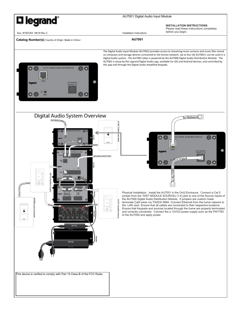 Legrand Digital Audio Input Module AU7001 Installation guide Manualzz