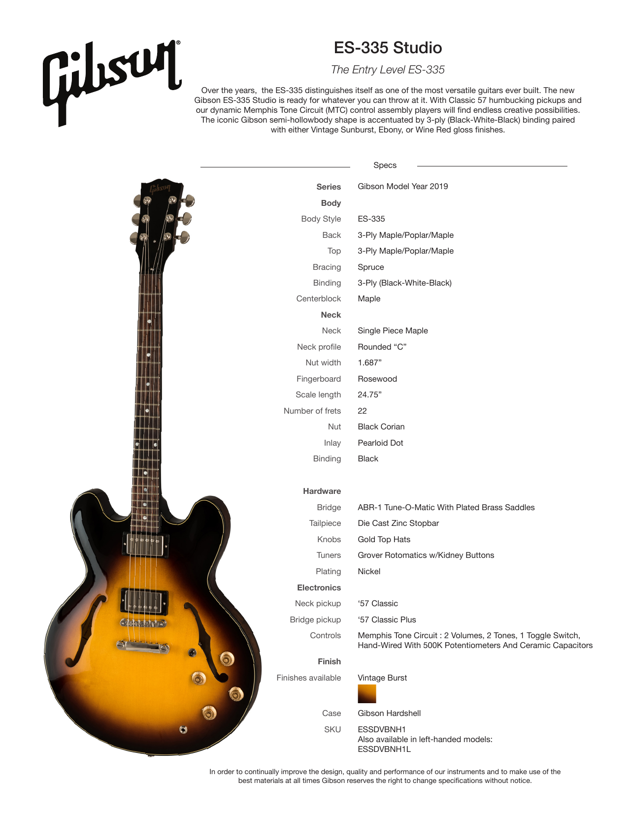Gibson ES-335 Studio 2019 Spec Sheet | Manualzz