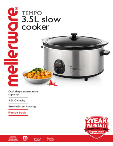 Mellerware-TEMPO slow cooking pot. 240W. Multi Function. Capacity 3,5L.  Non-stick pressure cooker. Ceramic and glass