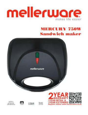Mellerware 25100  Sandwich Maker 2 Slice Plastic Black Plate 750W 