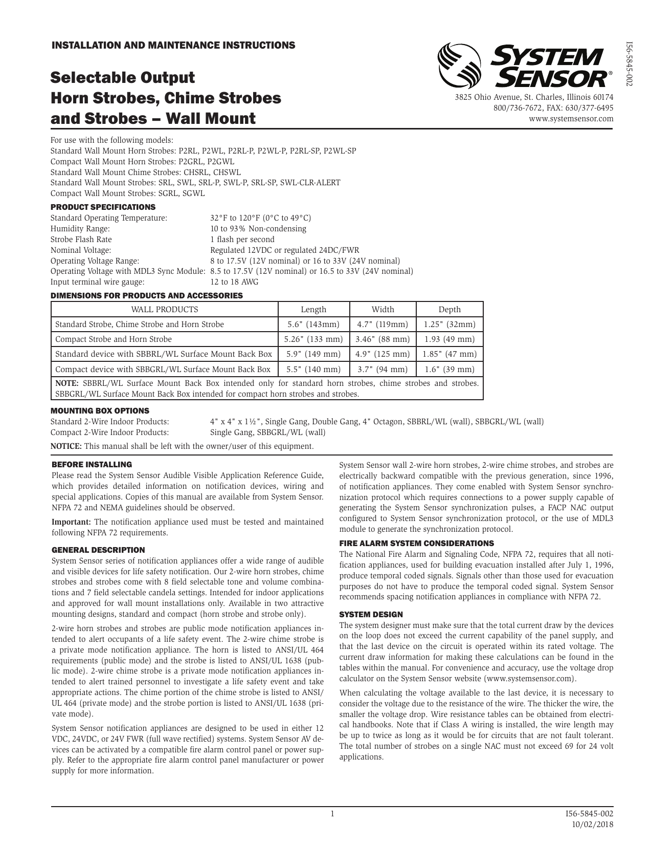 System sensor l series speaker strobes wall and download