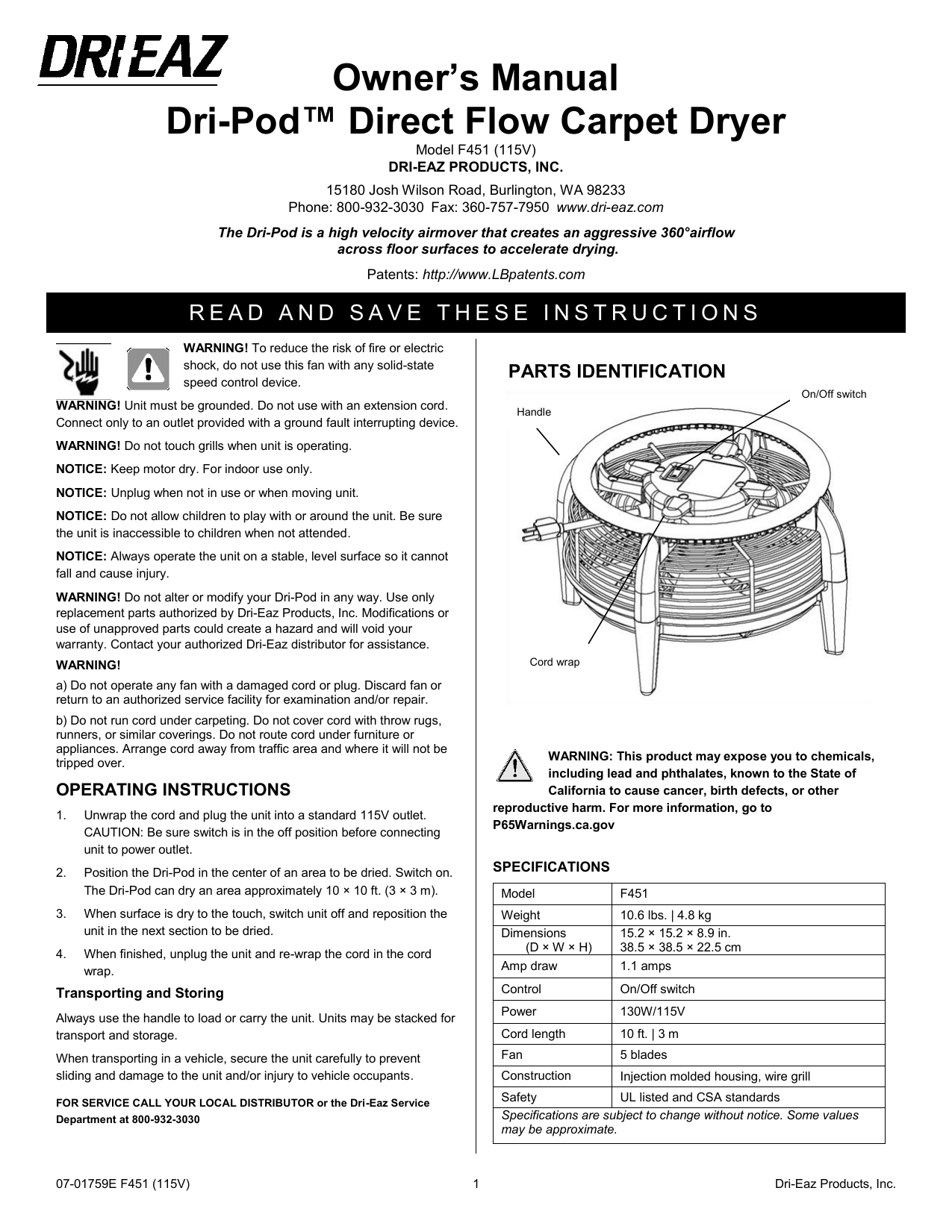 Dri Eaz Dri Pod Floor Dryer User Manual Manualzz