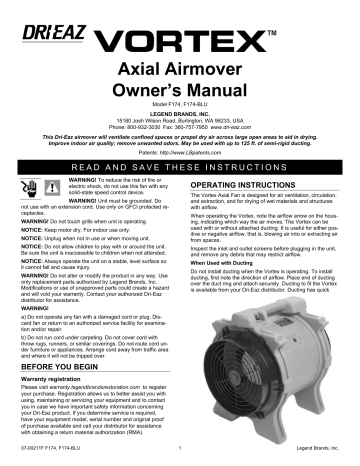 Dri-Eaz Vortex Axial Fan Manual | Manualzz