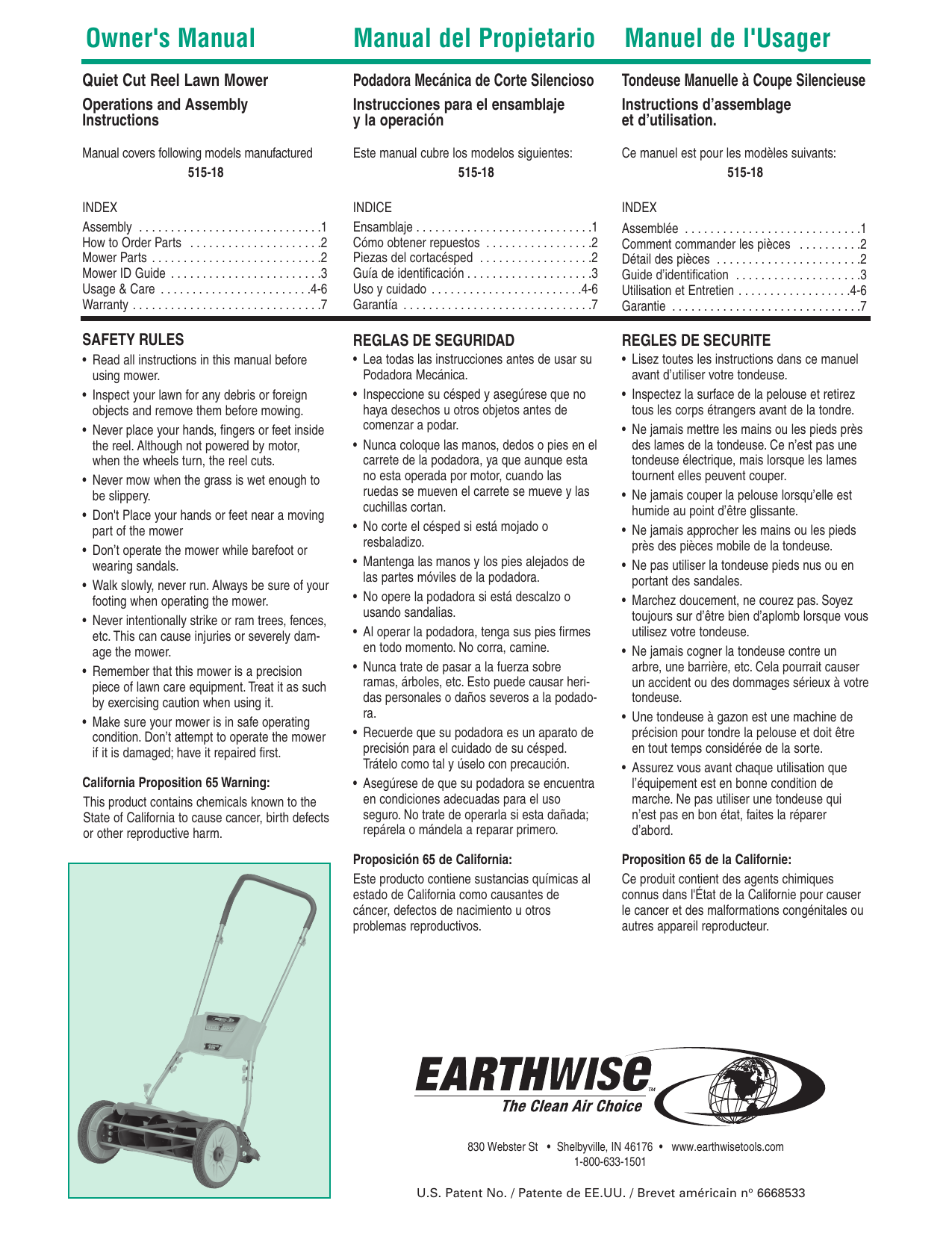 Earthwise 515-18 18 Manual Ultra Silent Reel Mower Owner's Manual