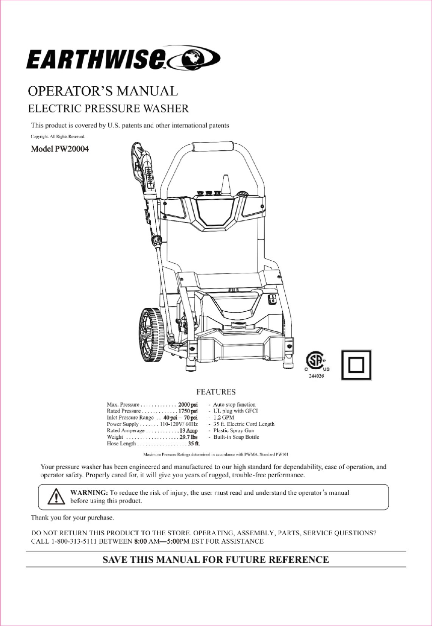 Earthwise PW20004 2000 PSI 13-Amp 120V 